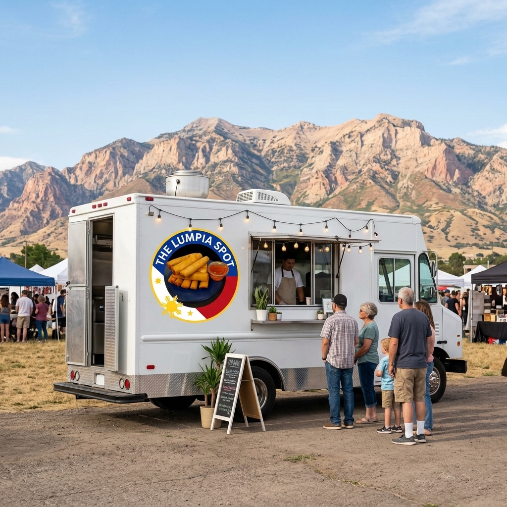 The Lumpia Spot food truck serving customers at a Utah event